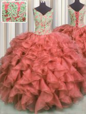 Exquisite Coral Red Ball Gowns Organza V-neck Sleeveless Beading and Ruffles High Low Lace Up 15th Birthday Dress