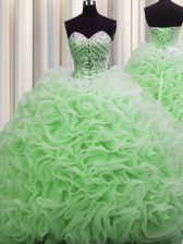  Brush Train Fabric With Rolling Flowers Sleeveless Floor Length Quinceanera Gowns and Beading and Pick Ups