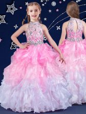  White and Pink And White Ball Gowns Organza Halter Top Sleeveless Beading and Ruffles Floor Length Zipper Little Girl Pageant Gowns