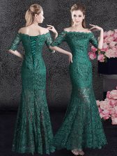  Mermaid Scalloped Half Sleeves Lace Up Floor Length Lace Prom Party Dress