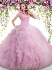  Lilac Tulle Backless High-neck Sleeveless Floor Length Quinceanera Gown Beading and Ruffles