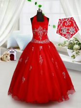 New Style Halter Top Beading and Appliques Kids Formal Wear Red Lace Up Sleeveless Floor Length