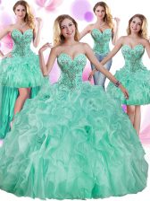  Four Piece Apple Green Lace Up Quince Ball Gowns Beading and Ruffles Sleeveless Floor Length