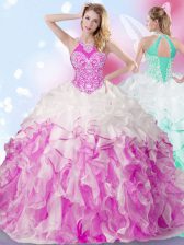  Multi-color Lace Up Halter Top Beading and Ruffles and Pick Ups Quince Ball Gowns Organza Sleeveless