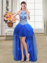 Stylish Pick Ups High Low Royal Blue Prom Party Dress Halter Top Sleeveless Lace Up
