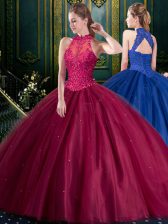  Appliques Quinceanera Gown Burgundy Lace Up Sleeveless Floor Length