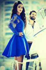 Exquisite Sleeveless Satin Mini Length Zipper Prom Evening Gown in Royal Blue with Lace