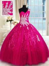  One Shoulder Hot Pink Sleeveless Appliques Floor Length Sweet 16 Dresses