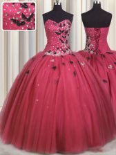  Coral Red Tulle Lace Up 15th Birthday Dress Sleeveless Floor Length Beading and Appliques