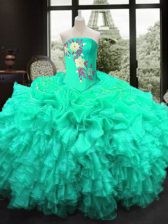 Fashion Turquoise Strapless Neckline Embroidery and Ruffles Quinceanera Gowns Sleeveless Lace Up