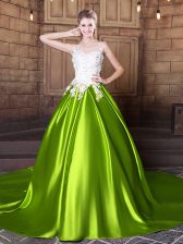 Glamorous Scoop Sleeveless With Train Lace and Appliques Lace Up Quinceanera Gowns with Yellow Green Court Train