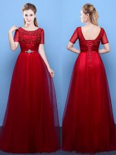  Scoop Wine Red Tulle Lace Up Short Sleeves Floor Length Beading