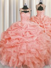  Scoop Sleeveless Organza Floor Length Lace Up Quinceanera Gown in Baby Pink with Beading and Pick Ups