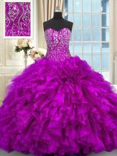  Organza Sleeveless Ball Gown Prom Dress Brush Train and Beading and Ruffles