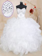 Luxurious White Organza Lace Up Sweetheart Sleeveless Floor Length Sweet 16 Dresses Beading and Ruffles