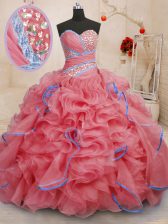  Coral Red Ball Gowns Beading and Ruffles Ball Gown Prom Dress Lace Up Organza Sleeveless With Train