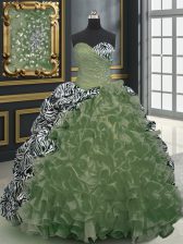  With Train Olive Green Quince Ball Gowns Organza and Printed Brush Train Sleeveless Beading and Ruffles and Pattern