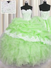 Popular Organza Sweetheart Sleeveless Lace Up Beading and Ruffles and Pick Ups Vestidos de Quinceanera in Green