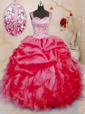  Coral Red Ball Gowns Organza Straps Sleeveless Beading and Ruffles and Pick Ups Floor Length Lace Up Quinceanera Gowns