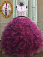 High End Two Pieces Burgundy Quinceanera Dress Military Ball and Sweet 16 and Quinceanera with Beading and Lace and Ruffles Scoop Sleeveless Zipper
