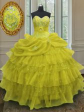 Chic Yellow Sleeveless Beading and Ruffled Layers and Pick Ups Floor Length Sweet 16 Quinceanera Dress