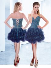 Charming Organza V-neck Sleeveless Lace Up Beading Prom Dresses in Navy Blue