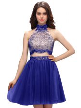 Amazing Blue Zipper Homecoming Dress Beading Sleeveless Mini Length