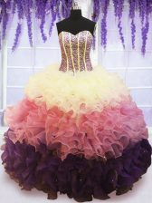 Glittering Sleeveless Organza Floor Length Lace Up Quinceanera Gowns in Multi-color with Beading and Ruffles and Ruffled Layers
