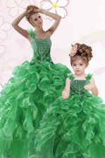 Stylish Green Lace Up One Shoulder Beading and Ruffles Quinceanera Dress Organza Sleeveless