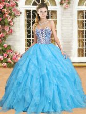 Exquisite Ball Gowns Vestidos de Quinceanera Aqua Blue Sweetheart Organza Sleeveless Floor Length Lace Up
