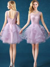 Popular Pink Lace Up Scoop Lace Quinceanera Dama Dress Organza and Tulle Sleeveless