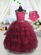  Scoop Watermelon Red Ball Gowns Beading and Ruffled Layers Pageant Gowns For Girls Lace Up Organza Sleeveless Floor Length