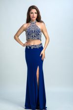 Unique Halter Top Royal Blue Sleeveless Floor Length Beading Backless Evening Dress