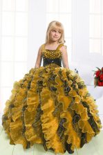 High Quality Multi-color Straps Lace Up Beading and Ruffles Kids Pageant Dress Sleeveless