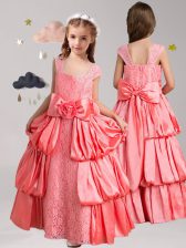 Customized Watermelon Red Taffeta and Lace Zipper Straps Cap Sleeves Floor Length Toddler Flower Girl Dress Pick Ups and Bowknot and Hand Made Flower