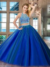  Royal Blue Quinceanera Gown Military Ball and Sweet 16 and Quinceanera with Beading Scoop Sleeveless Backless