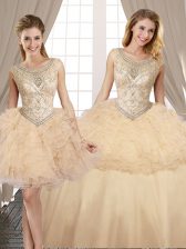 Edgy Three Piece Champagne Quince Ball Gowns Military Ball and Sweet 16 and Quinceanera with Beading and Ruffles Scoop Sleeveless Lace Up