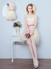  Champagne Lace Up Scoop Lace and Appliques and Ruffles and Bowknot Quinceanera Dama Dress Tulle Half Sleeves