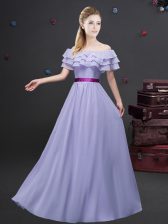  Ruffled Floor Length Lavender Quinceanera Dama Dress Off The Shoulder Short Sleeves Zipper