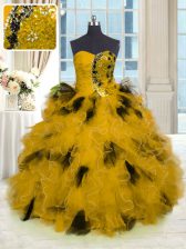 Comfortable Gold Ball Gowns Strapless Sleeveless Tulle Floor Length Lace Up Beading and Ruffles Quinceanera Gown