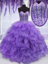 Comfortable Sleeveless Floor Length Beading and Ruffles Lace Up Quinceanera Dress with Lavender