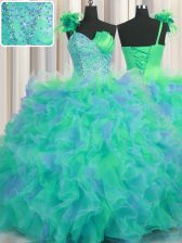 Glittering One Shoulder Handcrafted Flower Floor Length Ball Gowns Sleeveless Multi-color Ball Gown Prom Dress Lace Up