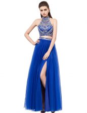 Custom Design Square Sleeveless Criss Cross Dress for Prom Royal Blue Tulle