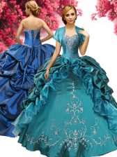 Sweet Sleeveless Floor Length Beading and Embroidery and Pick Ups Lace Up Quinceanera Dresses with Teal