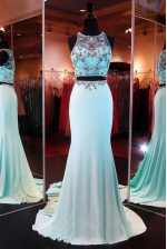  Mermaid Scoop Chiffon Sleeveless With Train Dress for Prom Brush Train and Beading