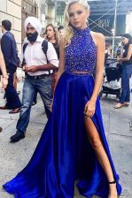 Super Royal Blue A-line Satin High-neck Sleeveless Beading With Train Zipper Sweep Train