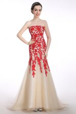  Mermaid Strapless Sleeveless Brush Train Appliques Red and Champagne Tulle