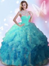 Sumptuous Multi-color Ball Gowns High-neck Sleeveless Tulle Floor Length Zipper Beading Quinceanera Gown