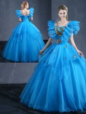  Organza Sleeveless Floor Length Quince Ball Gowns and Appliques and Ruffles