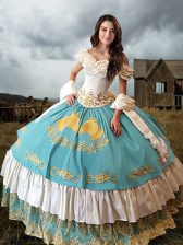  Blue And White Taffeta Lace Up Off The Shoulder Short Sleeves Floor Length Sweet 16 Dress Lace and Embroidery and Ruffled Layers